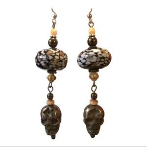 Hand crafted blown glass, pyrite skull earrings